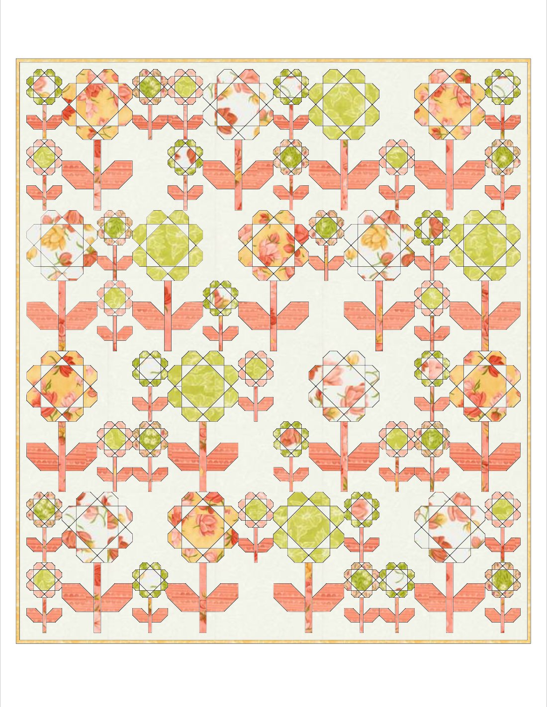The same Country Garden quilt recolored in warm peach, coral and gold fabrics